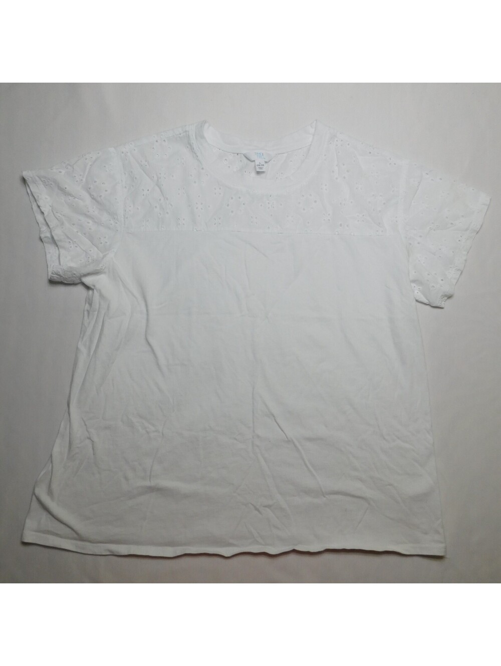Time and Tru White Shirt Womens Large 12-14 Eyelet Lace Yoke Top Short Sleeve L
